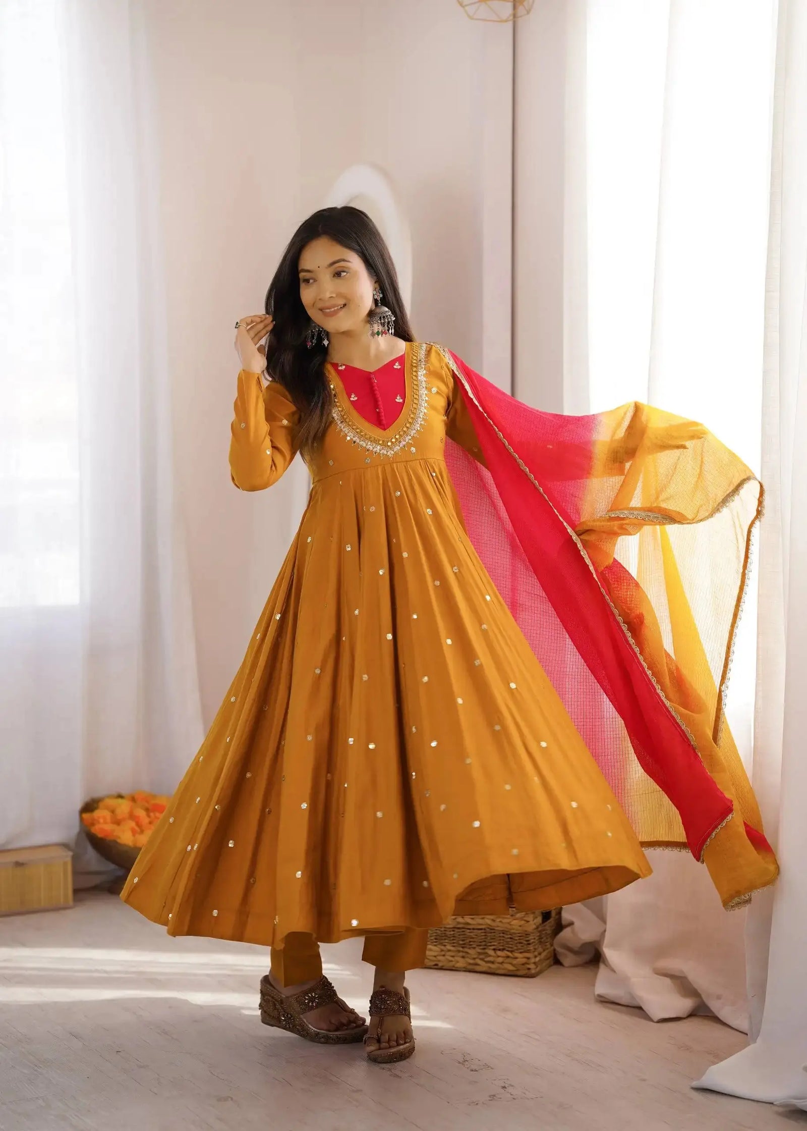 Yellow Anarkali Suit – third full-length view highlighting flair movement
