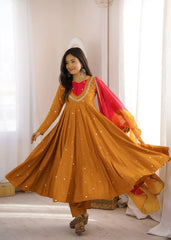 Yellow Embroidered Anarkali Suit – full-length pose with dupatta draped over shoulder