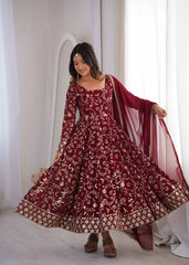 Maroon Anarkali Suit – square neckline and yoke embroidery detail close-up