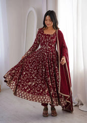 Maroon Anarkali Suit – close-up of all-over floral vine zari and sequins embroidery