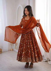 Orange Sequins Embroidered Anarkali Suit – Wide Dupatta Spread | KU248 | Kalyanja