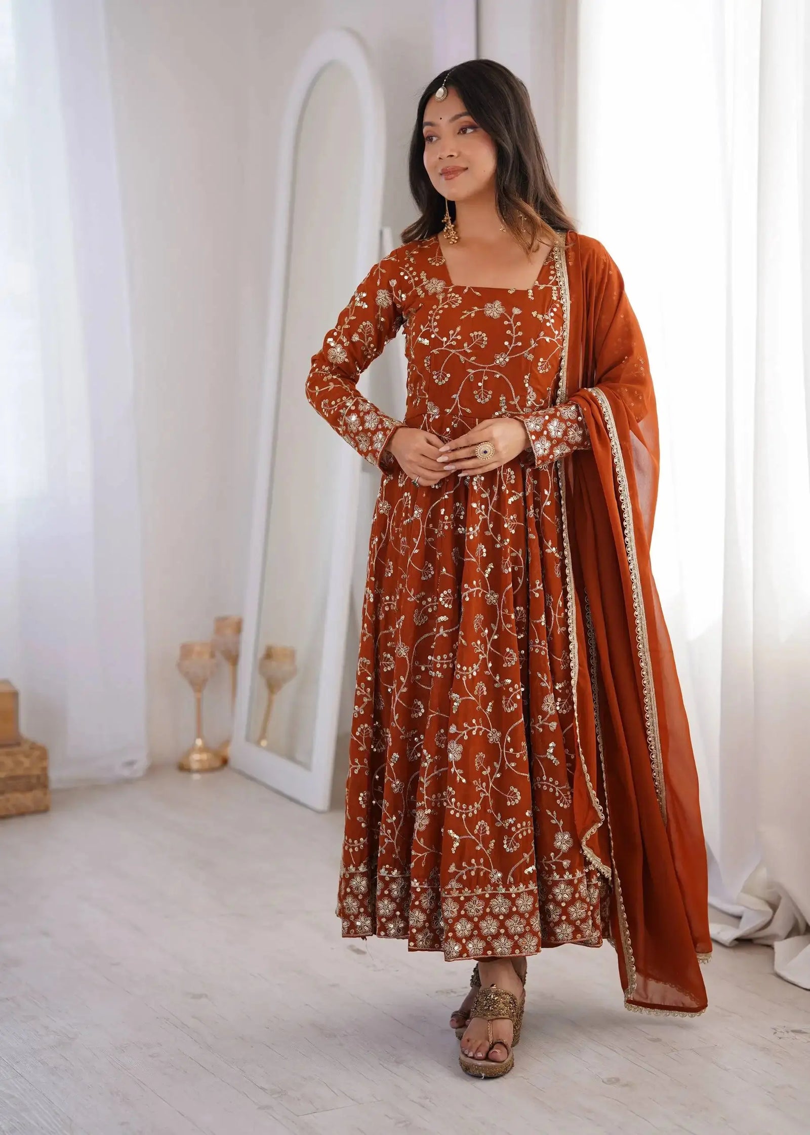 Orange Sequins Embroidered Anarkali Suit – Plus Size Front View | Kalyanja