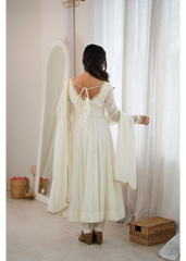 White Handwork Anarkali Suit – Back View with U-Back Tie-Up | Kalyanja