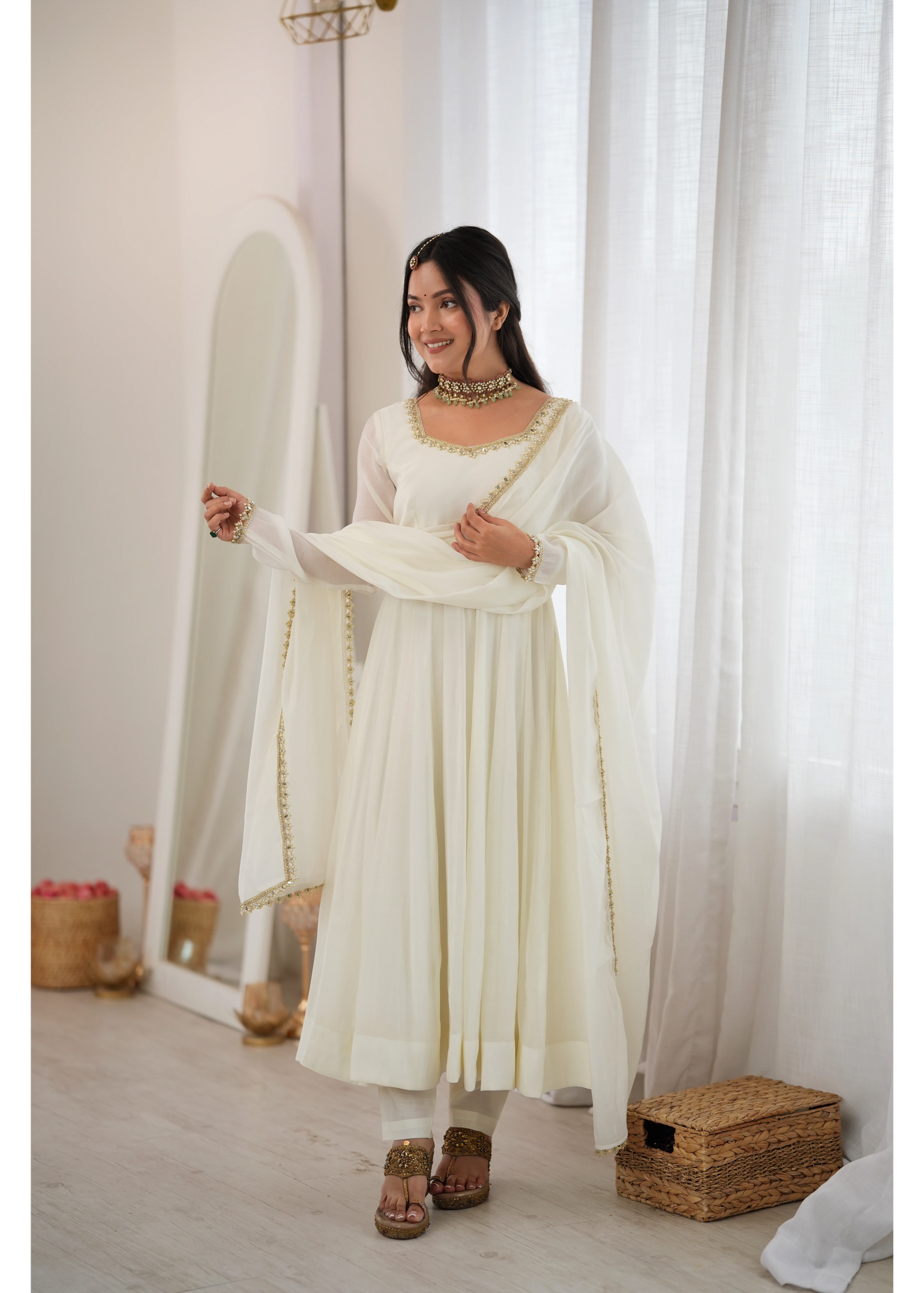 White Handwork Suit with Dupatta Drape – KU250 | Kalyanja