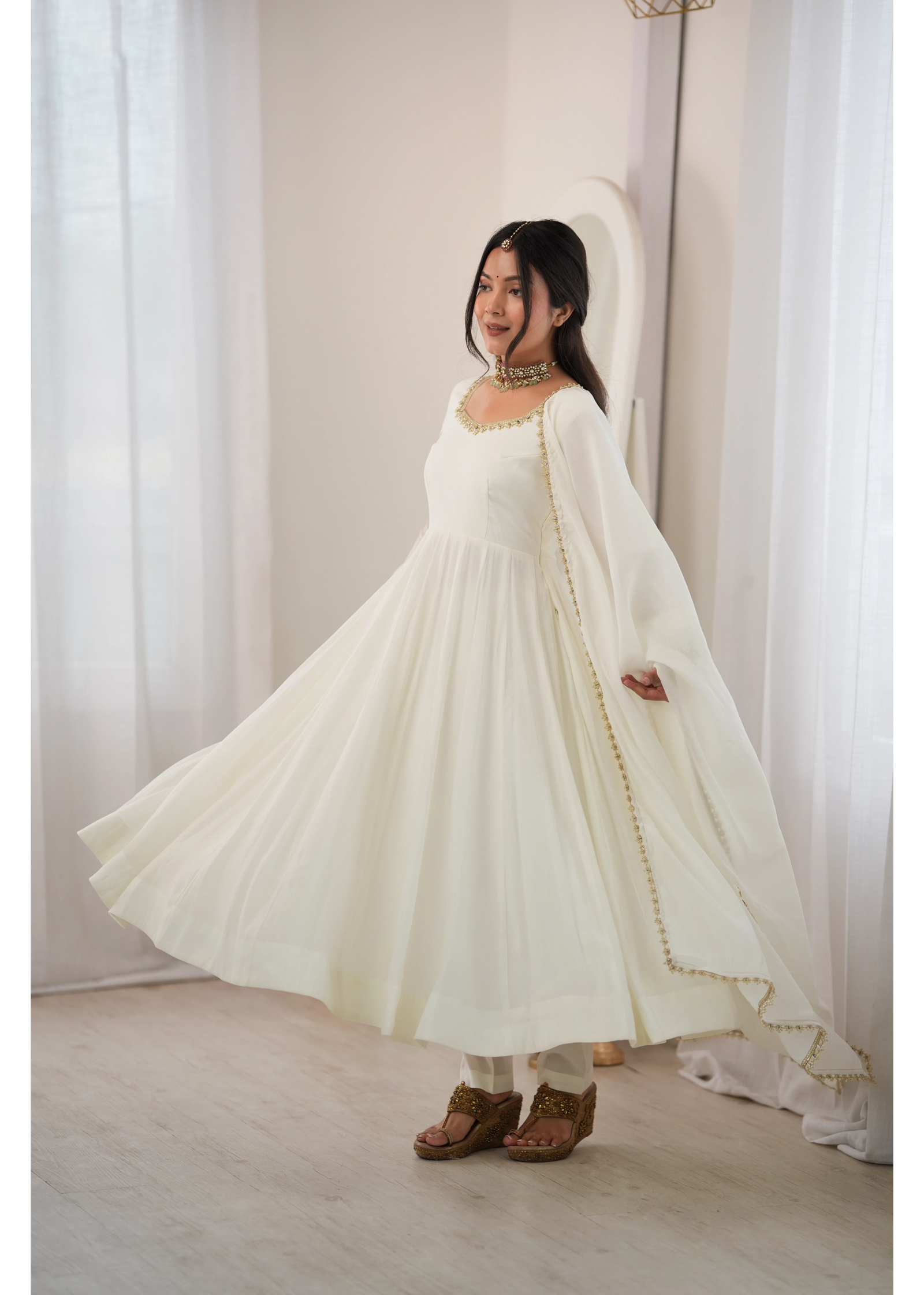 White Anarkali Suit with Mirror Work – Side Profile Flair | KU250 | Kalyanja