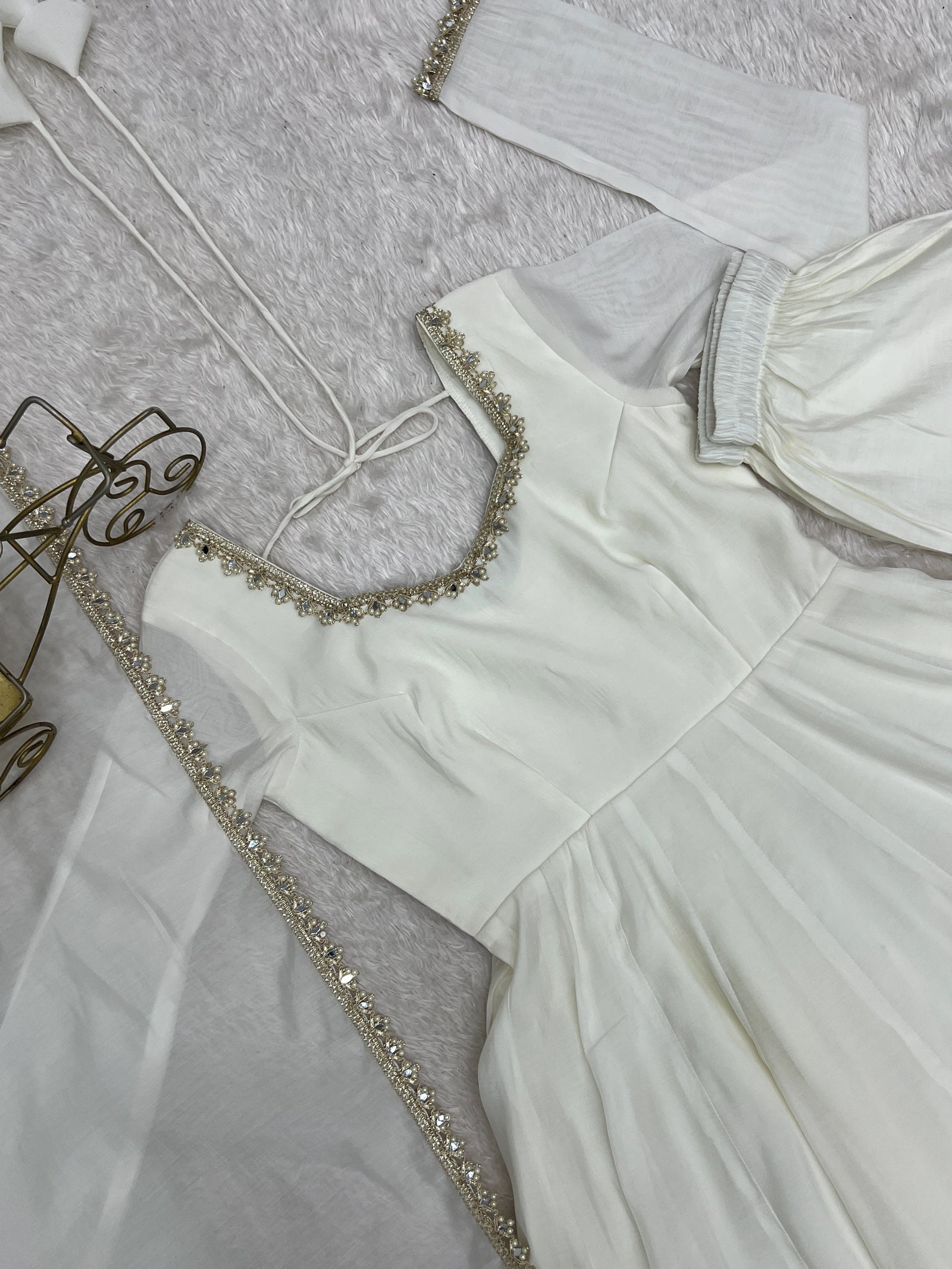 White Mul Chanderi Suit – Flat Lay Neckline and Mirror Work Close-Up | Kalyanja