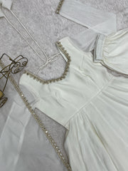 White Mul Chanderi Suit – Flat Lay Neckline and Mirror Work Close-Up | Kalyanja