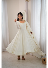White Mul Chanderi Anarkali Suit – Front Smiling Full Length View | Kalyanja