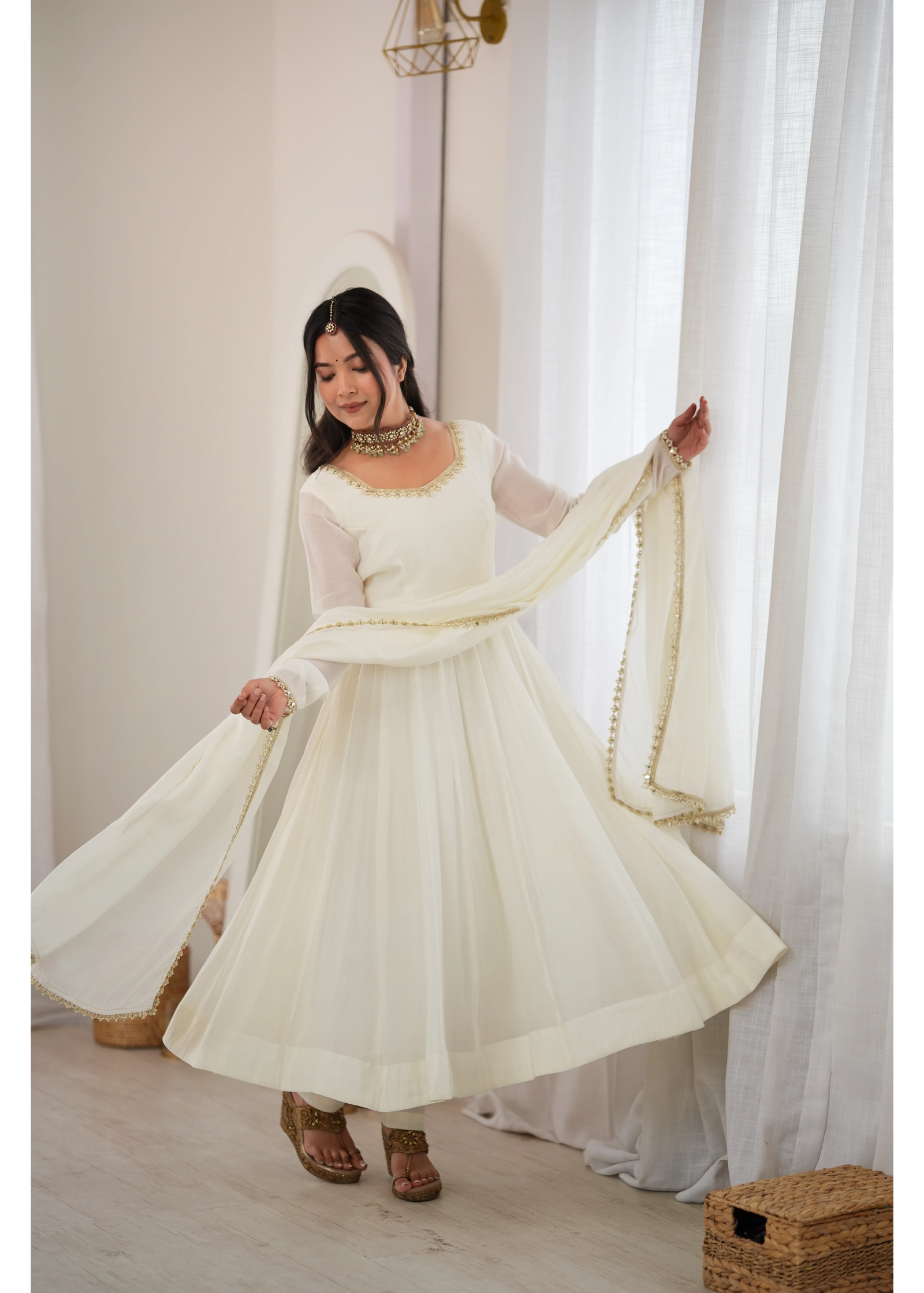 White Handwork Anarkali Suit with Pant and Dupatta – KU250 | Kalyanja