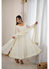 White Handwork Anarkali Suit with Pant and Dupatta – KU250 | Kalyanja
