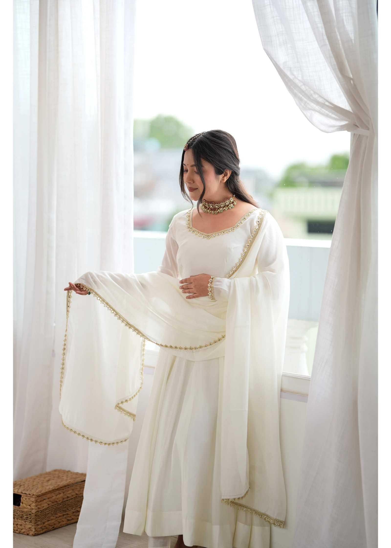White Handwork Suit – Plus Size Model Outdoor View | Kalyanja