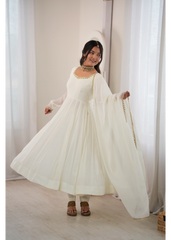 White Anarkali Suit – Plus Size Front View with Flair | Kalyanja