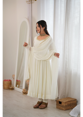 White Handwork Anarkali Suit – Side View with Dupatta | Kalyanja