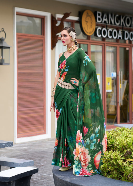 Woman in a green floral saree standing in front of a building with 'Bangkok Cocoa' branding.