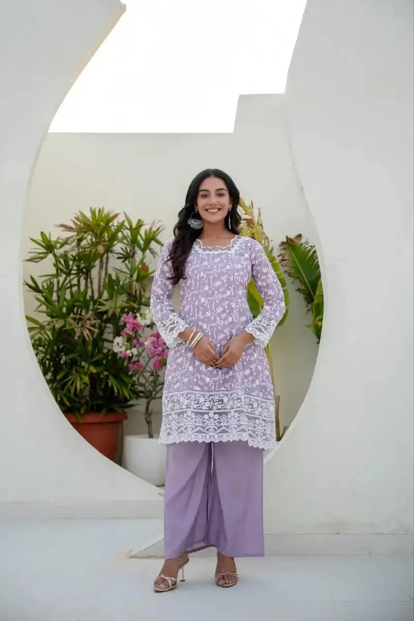 Lavender Anarkali Suit square neckline front pose