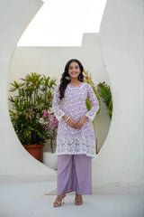 Lavender Anarkali Suit square neckline front pose