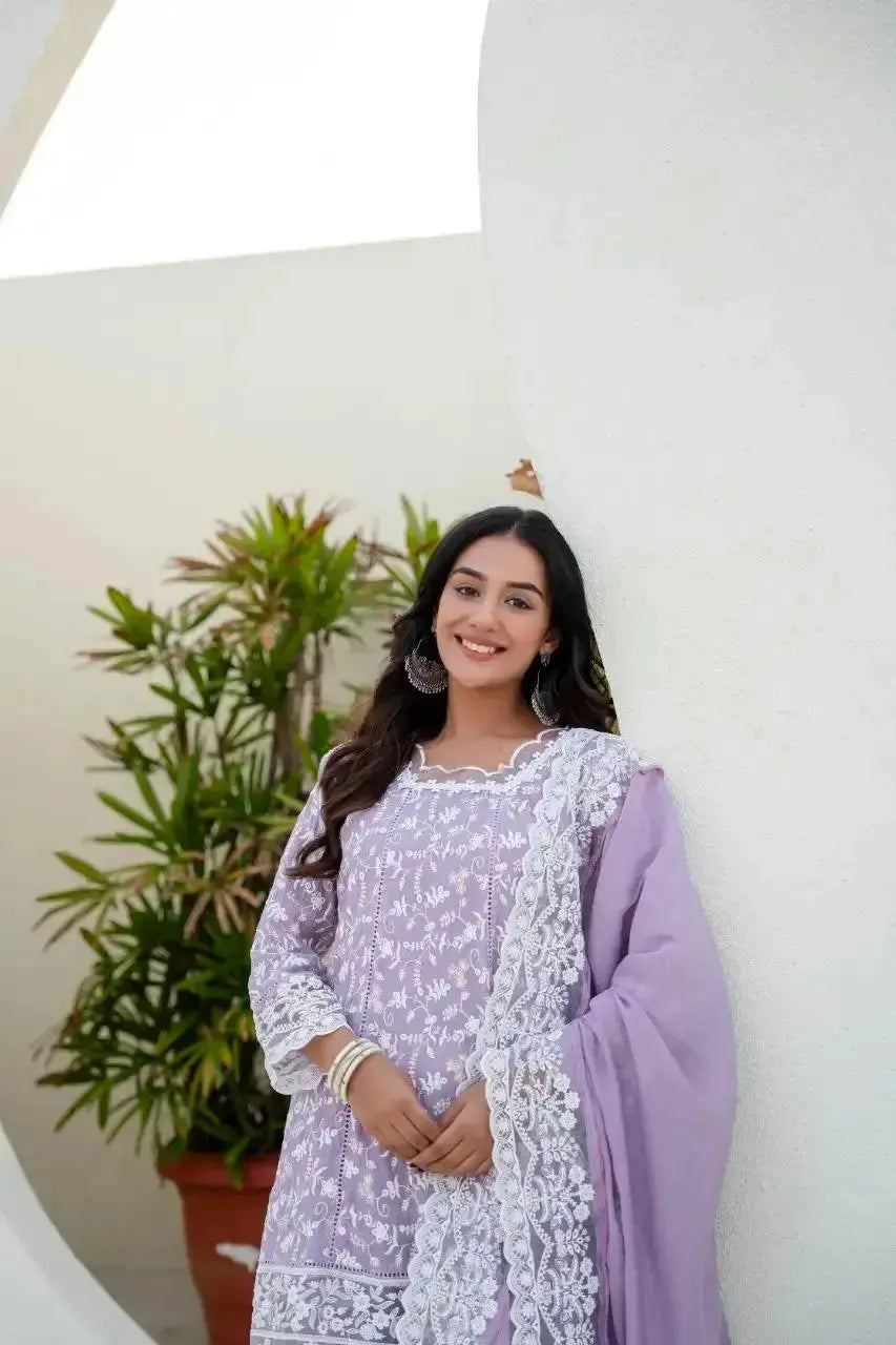 Lavender Sequins Suit with floral embroidery – front view
