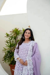 Lavender Sequins Suit with floral embroidery – front view