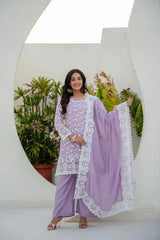 Lavender Sequins Suit square neckline embroidery close-up