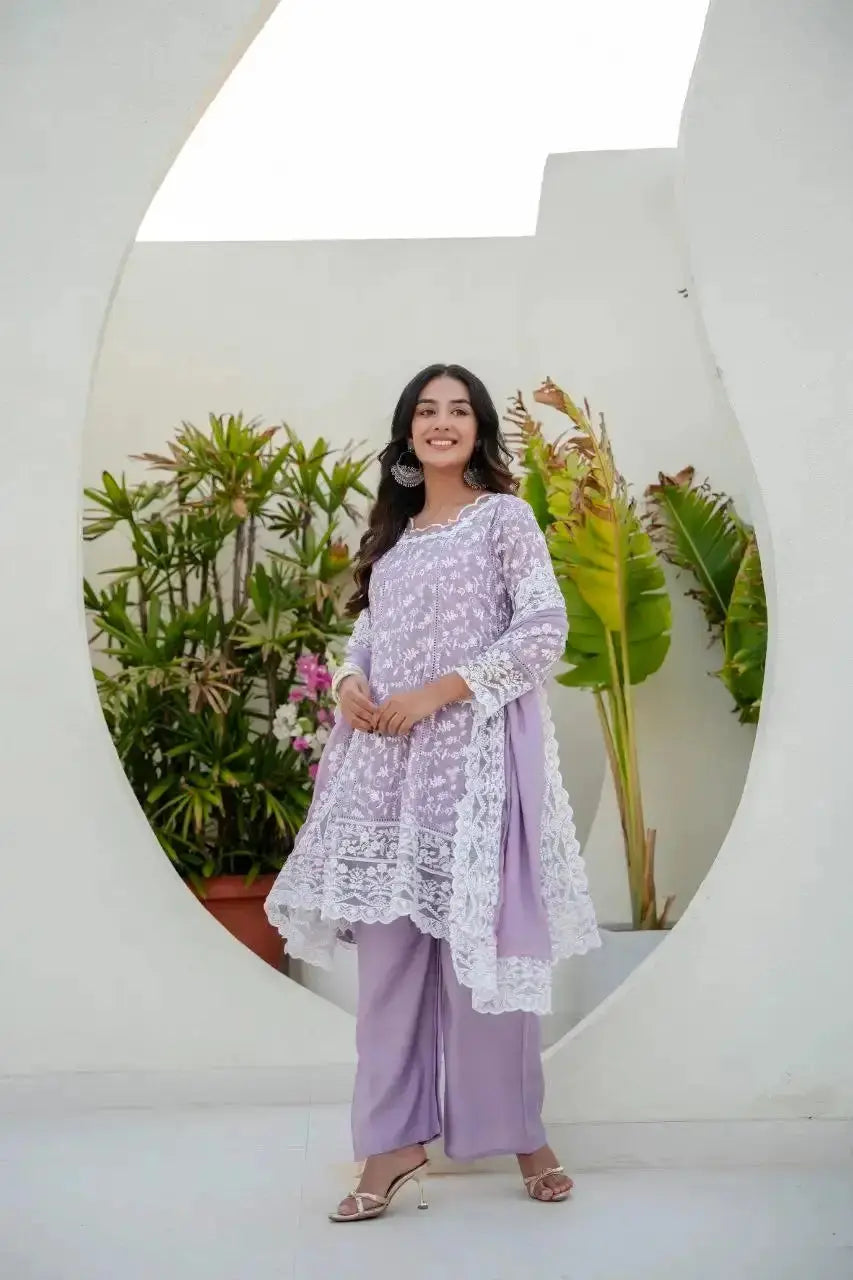 Lavender Sequins Suit close portrait with embroidery detail