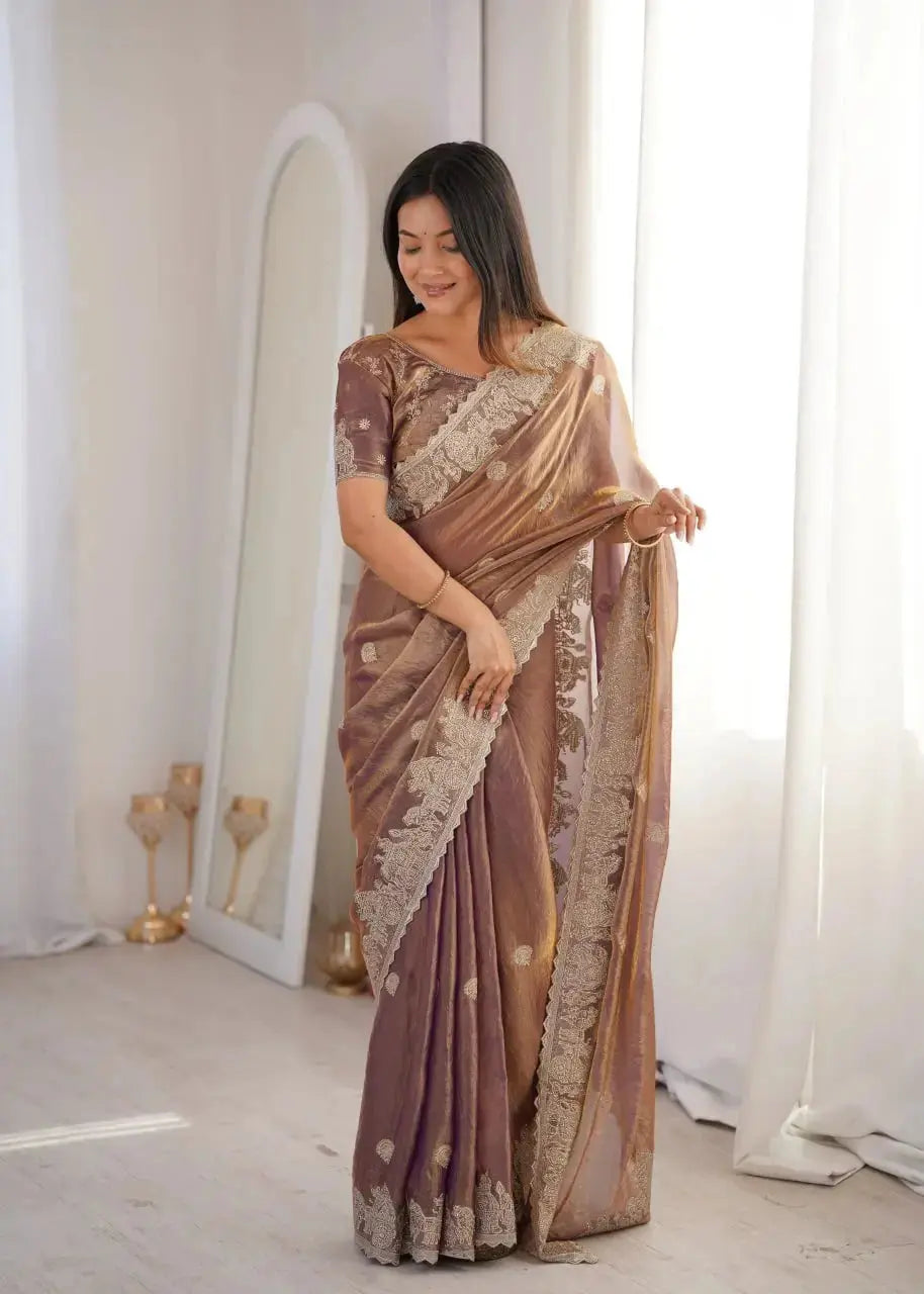 Lavender Pink Zari Embroidered Saree standing front view