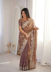 Lavender Pink Zari Embroidered Saree standing front view