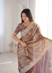 Lavender Pink Zari Embroidered Saree draped, front view showing hotfix border