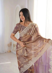 Lavender Pink Zari Embroidered Saree portrait view looking away