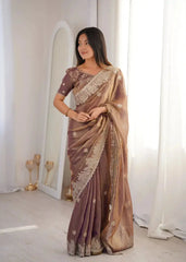 Lavender Pink Zari Embroidered Saree portrait smiling view