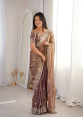 Lavender Pink Zari Embroidered Saree portrait front view smiling