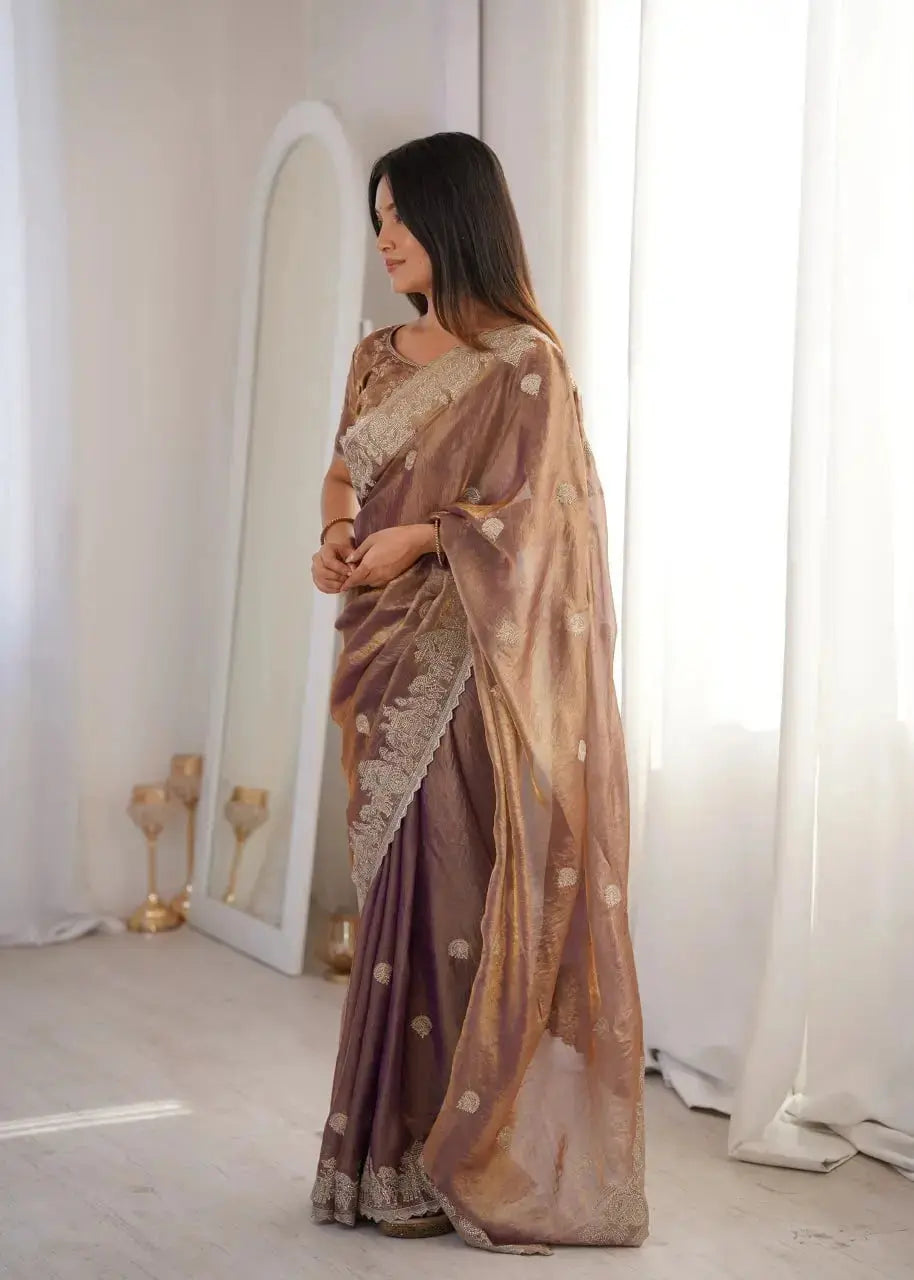 Lavender Pink Zari Embroidered Saree side profile view
