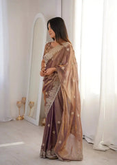 Lavender Pink Zari Embroidered Saree side profile view