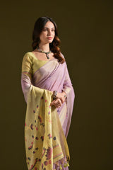 Lavender Resham Weaving Saree styled with yellow-green blouse and jewellery