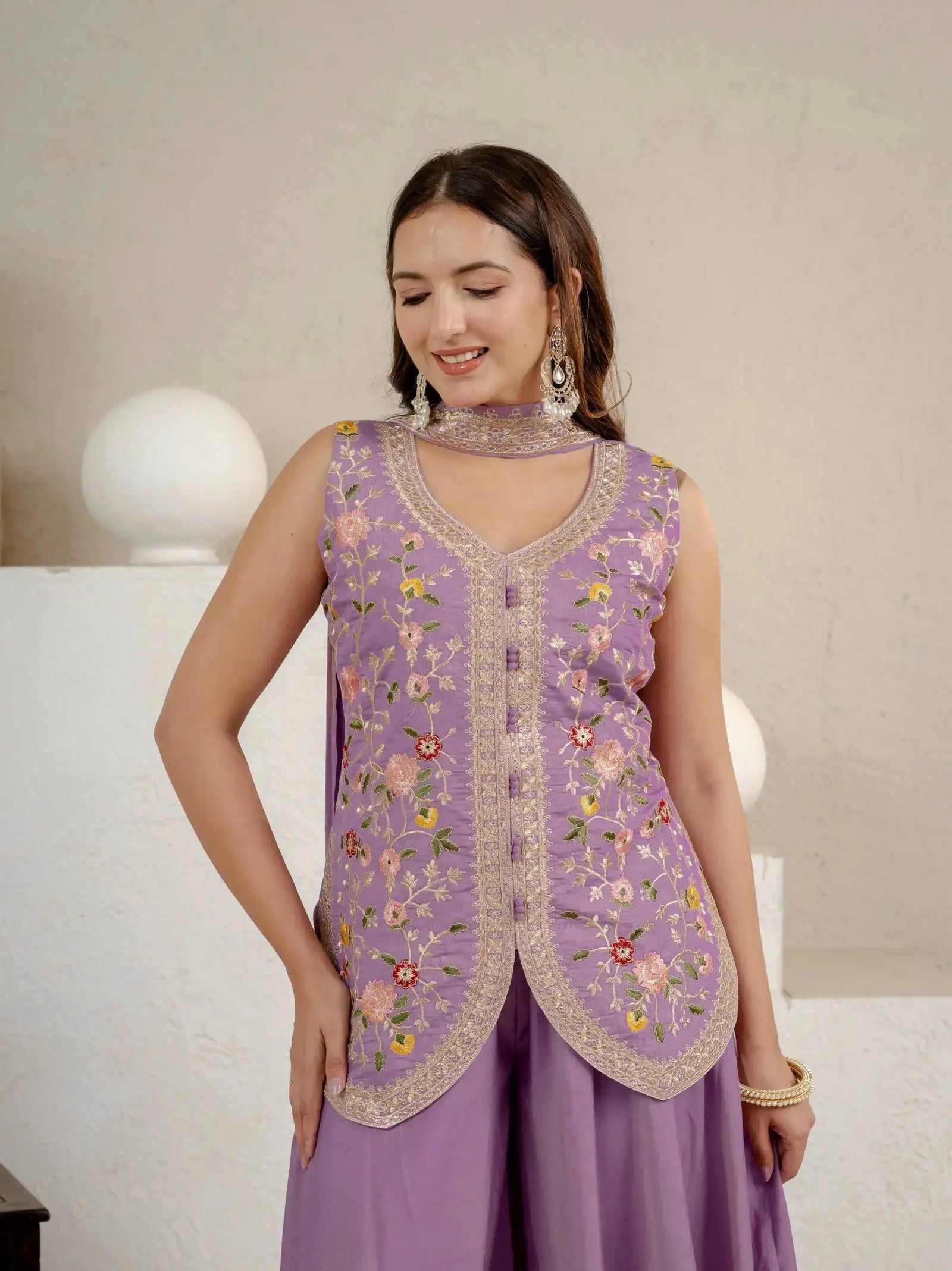 Sequins and Zari Embroidery Detail on Lavender Koti Suit