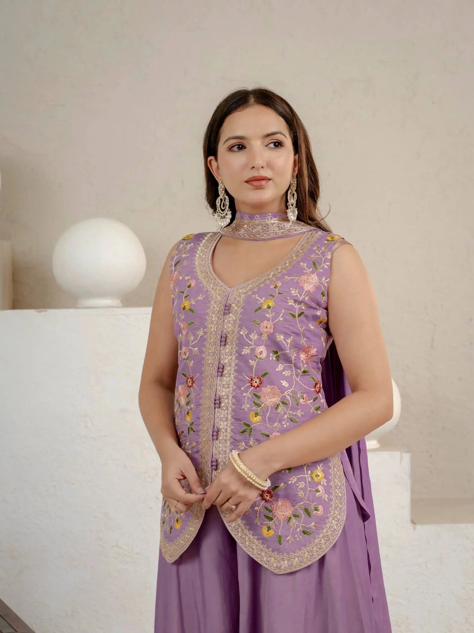 Multicolor Floral Embroidery Close Up on Lavender Roman Silk Suit