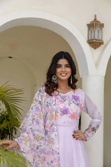 Designer lavender ethnic suit with floral embroidery, flowing Anarkali silhouette, and matching palazzo.