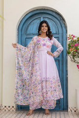 Elegant light lavender floral embroidered Anarkali suit with matching floral dupatta and palazzo pants.
