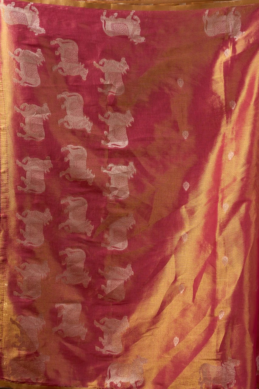 Saree with elephant pattern on a red and gold fabric