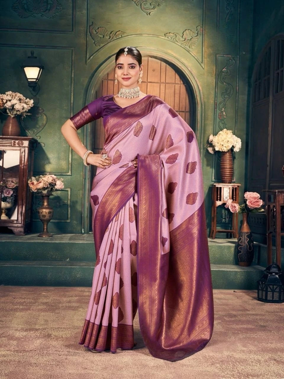 Woman in a traditional saree standing in an ornate room with decorative elements.