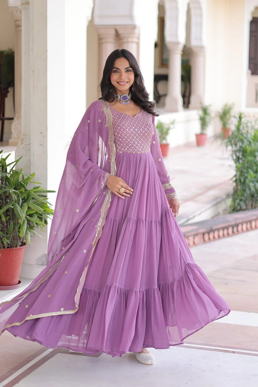 Lavender Pink Sequins & Zari Embroidered Vichitra Silk Gown – Kalyanja