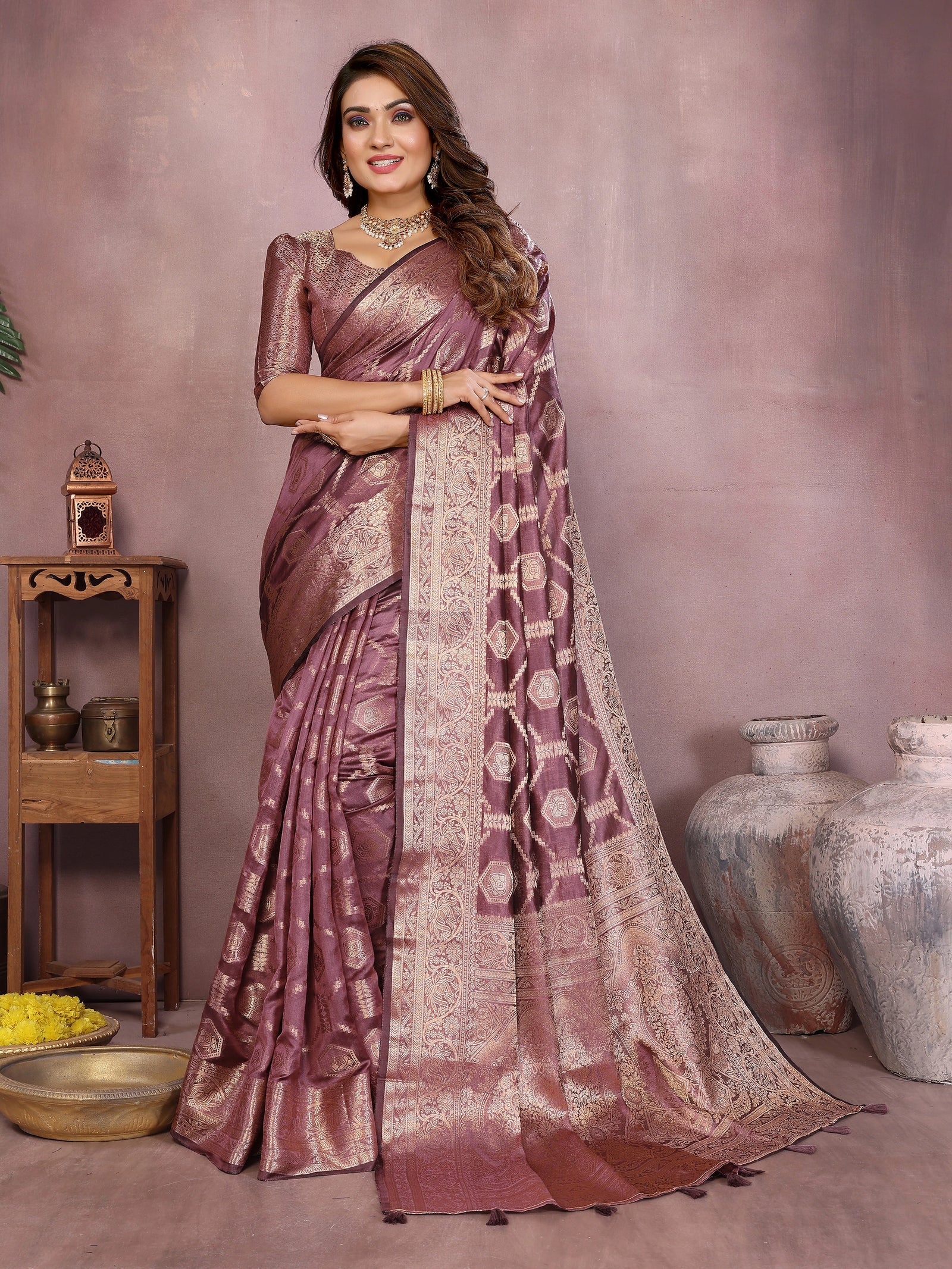 Woman wearing a traditional saree with a decorative pattern against a neutral background