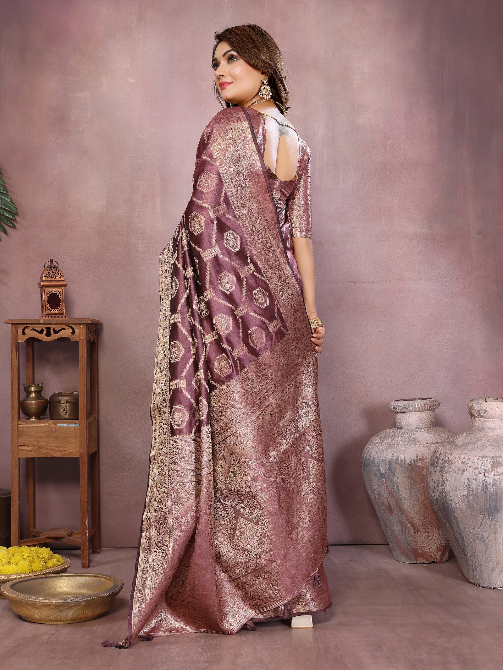 Woman wearing a traditional saree with a patterned design, standing against a neutral background.