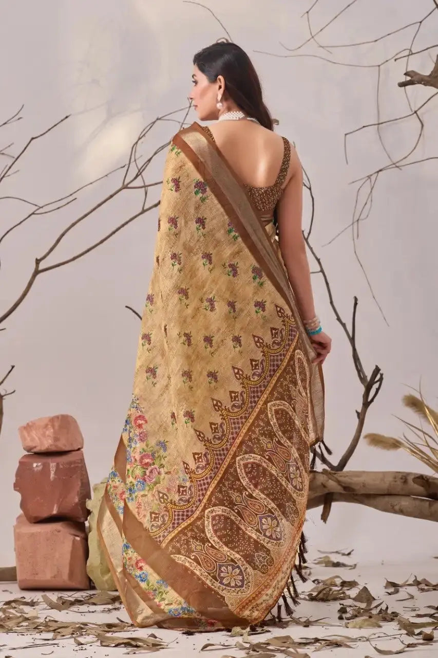 Light Brown Linen Saree – back view showing contrast paisley pallu spread