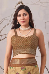 Light Brown Linen Saree running blouse close-up in dark brown with embellished neckline