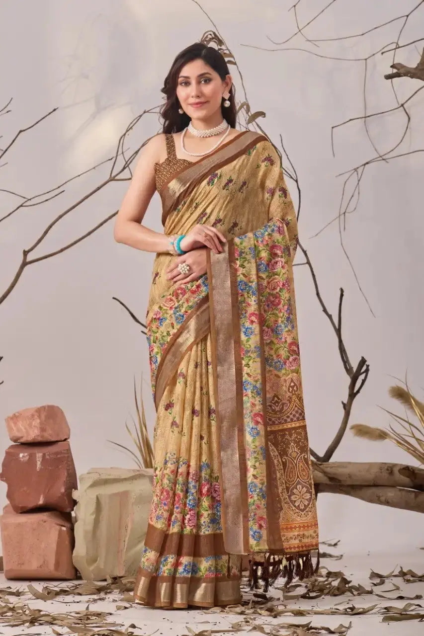Light Brown Digital Print Linen Cotton Saree – front standing drape view on model