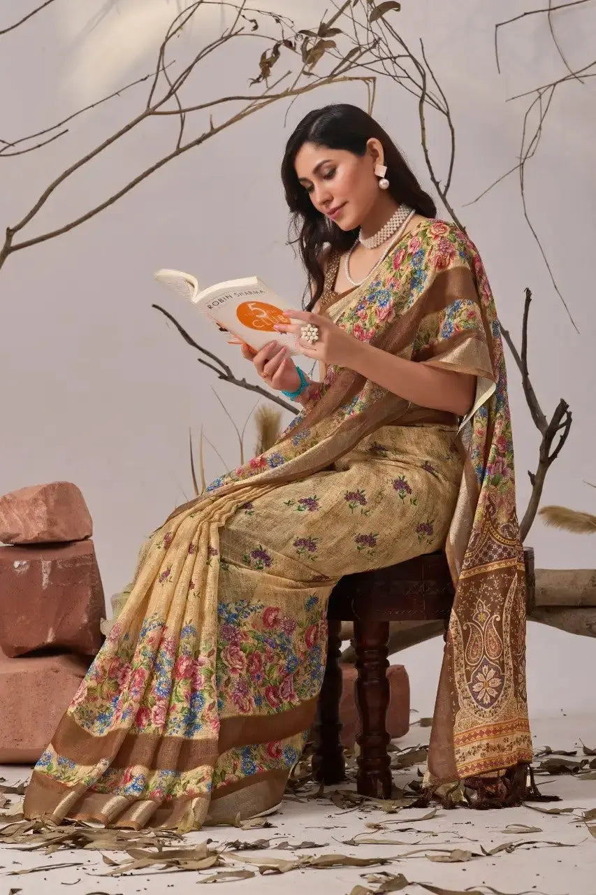 Light Brown Digital Print Linen Cotton Saree – seated drape view with floral body