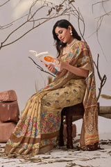 Light Brown Digital Print Linen Cotton Saree – seated drape view with floral body