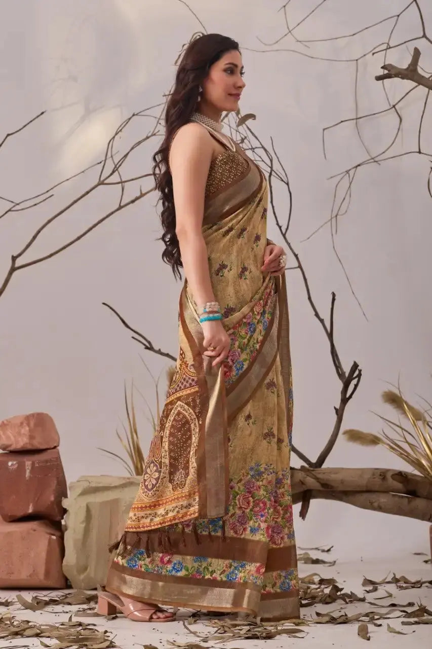 Light Brown Digital Print Saree – side full drape view showing contrast pallu