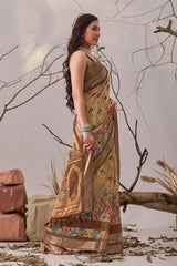 Light Brown Digital Print Saree – side full drape view showing contrast pallu