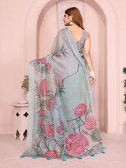 Light Gray Digital Floral Print Saree back view – dense pink rose pallu with checkered grey self border full spread